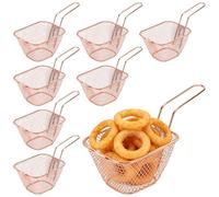 FUNSUEI 8 cestas pequeñas para freír, color oro rosa, 19,5 cm, cesta de metal con asa, mini cestas para patatas fritas para servir