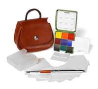 Funto Pocket Watercolor Paint Set, Travel Paint Kit, con 9 colores, bolso cruzado de cuero, vaso para pintura, bolsa de polvo, 2 paletas plegablesi, ideal para los amantes del arte