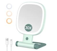 FUNTOUCH Espejo de maquillaje 30X con luces, espejo de aumento de viaje de | Espejo de tocador iluminado portátil de doble cara, espejo de escritorio con 3 modos de color, atenuación de brillo