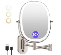 FUNTOUCH Espejo de Maquillaje Iluminado de Pared 30X/1X, 5000mAh Recargable de Doble Cara con Aumento para Baño Iluminado, 3 Modos de Color Táctil Regulable Brazo Extensible Rotación 360°, Níquel