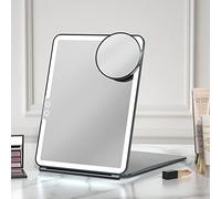 FUNTOUCH Espejo de Maquillaje Plegable de Viaje, Recargable de 1800mA Portátil Iluminado con Espejo de Aumento de 10x, 3 Colores Regulables, Espejo Cosmético Ultrafino con Luces