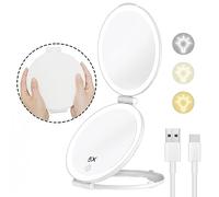 FUNTOUCH Recargable Espejo Aumento 1X / 5X, Espejo de Tocador Viaje Portátil con Luz, Iluminación de 3 Colores, Pantalla Táctil Brillo Ajustable Espejo Plegable, Doble Capa Espejo de Viaje Luz