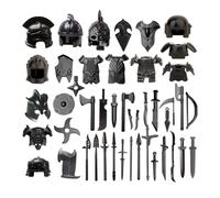 Funwetrike Kit de accesorios de paquete de armas medievales, mini personajes de caballero medieval, incluye cascos, armaduras, armas, barda compatible con las principales marcas (45 piezas)