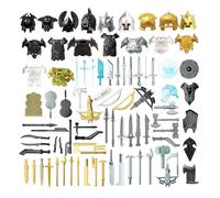 Funwetrike Kit de accesorios de paquete de armas medievales, mini personajes de caballero medieval, incluye cascos, armaduras, armas, barda compatible con las principales marcas (85 piezas)