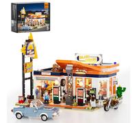 FUNWHOLE Juego de construcción de gasolinera urbana con luces, kit de ladrillo modular de 1608 piezas para adultos y adolescentes, utilizado para exhibición y juego de viajes por carretera, incluye