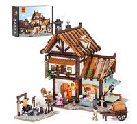 FUNWHOLE Sastrería Medieval con iluminación - 1994 Bloques, Modelo histórico con 5 Minifiguras y Accesorios - Expandible para dioramas Medievales - para constructores 16+
