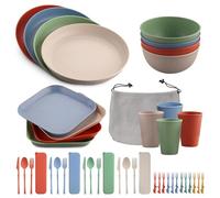 FUNYKICH 44piezas Juego de Vajilla, Juego de Platos y Cubiertos de Camping de Plástico para 4 Personas, Vajilla Irrompible, Apto para Microondas y Lavavajillas, Perfecto para Camping, Picnic