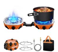 FUNYKICH Cocina de Camping Plegable de 2 Quemadores con Bolsa de Transporte, 2x 3kW Camping Gas Portátil con Manguera Reguladora, Construcción Robusta para Camping,Picnic,Jardín,Barbacoa