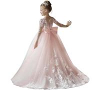 Fuomomo Encaje de Tul, Vestidos de niña de Flores para Boda, Mangas largas, Corte A, Princesa, cumpleaños, Vestidos de Fiesta con Lazo
