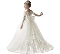 Fuomomo Encaje de Tul, Vestidos de niña de Flores para Boda, Mangas largas, Corte A, Princesa, cumpleaños, Vestidos de Fiesta con Lazo