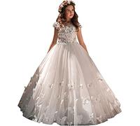 Fuomomo Vestido de Chica de Flores de Encaje con Cuentas de Mariposa Vestido de Dama de Honor de cumpleaños Retro Vestido de Baile Vestido de Fiesta para niñas Puffy, Marfil, 09