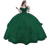 Fuomomo Vestido de Fiesta con Apliques de Encaje 3D Tul Brillante y Esponjoso, Vestidos de 15 años quinceañera Vestido de Princesa de Encaje con Hombros Descubiertos Vestido de quinceañera