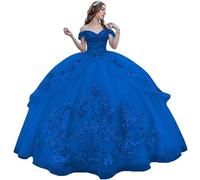 Fuomomo Vestido de Fiesta con Apliques de Encaje 3D Tul Brillante y Esponjoso, Vestidos de 15 años quinceañera Vestido de Princesa de Encaje con Hombros Descubiertos Vestido de quinceañera