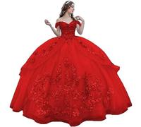 Fuomomo Vestido de Fiesta con Apliques de Encaje 3D Tul Brillante y Esponjoso, Vestidos de 15 años quinceañera Vestido de Princesa de Encaje con Hombros Descubiertos Vestido de quinceañera
