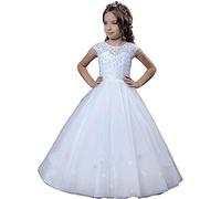 Fuomomo Vestido de Primera Comunión Vestido de Dama de Honor de Encaje con Cuentas Vestido de Fiesta de Desfile de Bodas Princesa comunión hasta el Suelo Vestido de Baile Bohemio