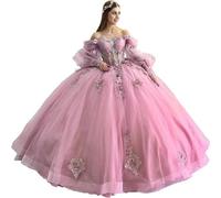 Fuomomo Vestido de quinceañera con Flores en 3D Vestidos de quinceañera con Mangas abullonadas Vestidos de quinceañera con Cola Vestido de Baile de Tul con Escote en Forma de corazón MT046