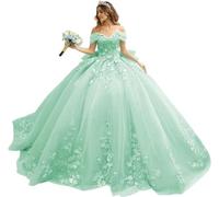 Fuomomo Vestido de quinceañera Floral en 3D, 16 Vestidos de Tul hinchados y Brillantes, Vestido de Fiesta de Encaje con Hombros Descubiertos MT025