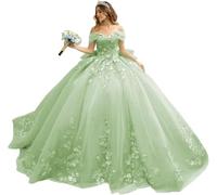 Fuomomo Vestido de quinceañera Floral en 3D, 16 Vestidos de Tul hinchados y Brillantes, Vestido de Fiesta de Encaje con Hombros Descubiertos MT025