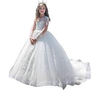 Fuomomo Vestidos de niña de Flores Blancos para Bodas Primera comunión Manga Larga Vestido Blanco de Princesa para niñas