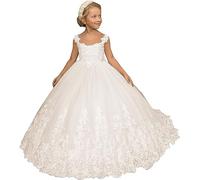 Fuomomo Vestidos de niña de Flores para Boda, Vestido de Fiesta de Encaje de Tul con Cuentas para Fiesta de niños, Vestido de graduación