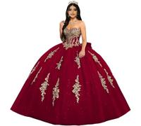 Fuomomo Vestidos de quinceañera con Apliques de Encaje Dorado, Escote corazón, Vestidos de quinceañera abullonados, Vestidos de Fiesta sin Tirantes, Vestido de Baile con Lazo MT035