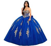 Fuomomo Vestidos de quinceañera con Apliques de Encaje Dorado, Escote corazón, Vestidos de quinceañera abullonados, Vestidos de Fiesta sin Tirantes, Vestido de Baile con Lazo MT035