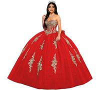 Fuomomo Vestidos de quinceañera con Apliques de Encaje Dorado, Escote corazón, Vestidos de quinceañera abullonados, Vestidos de Fiesta sin Tirantes, Vestido de Baile con Lazo MT035