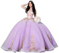 Fuomomo Vestidos de quinceañera con Flores 3D Doradas Brillantes sin Tirante para Fiesta de quinceañera 15 y 16 años MT049