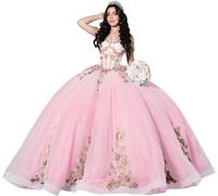 Fuomomo Vestidos de quinceañera con Flores 3D Doradas Brillantes sin Tirante para Fiesta de quinceañera 15 y 16 años MT049