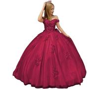 Fuomomo Vestidos de quinceañera con Flores 3D Vestido de Baile Hombros Descubiertos abullonados con Cola Vestido de Princesa de Encaje MT050