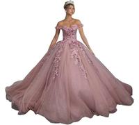Fuomomo Vestidos de quinceañera con Flores en 3D Vestido de Fiesta de Tul con Hombros Descubiertos Vestido de Princesa de Encaje MT044