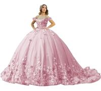 Fuomomo Vestidos de quinceañera con Hombros Descubiertos Vestido de Gala con Tren Vestidos de Fiesta de Encaje MT043