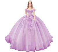 Fuomomo Vestidos de quinceañera con Hombros Descubiertos y Tren Vestidos de Gala con Apliques de Encaje Vestidos de Dulce 16 de Tul Brillante