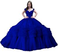 Fuomomo Vestidos de quinceañera con Volantes de Princesa Hombros Descubiertos Vestidos de quinceañera Largos de Tul abullonado con Cola MT037