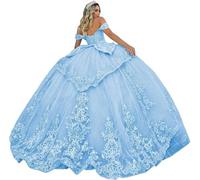 Fuomomo Vestidos de quinceañera de Tul, Vestido de Baile con Apliques de Encaje Brillante, Vestidos de quinceañera, Vestido de Fiesta Largo de Princesa con Hombros Descubiertos y Vuelo MT038