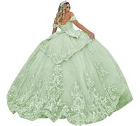 Fuomomo Vestidos de quinceañera de Tul, Vestido de Baile con Apliques de Encaje Brillante, Vestidos de quinceañera, Vestido de Fiesta Largo de Princesa con Hombros Descubiertos y Vuelo MT038
