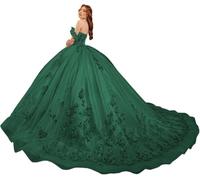 Fuomomo Vestidos de quinceañera Sweet 15 16 Vestido de Fiesta con Flores 3D y Hombros Descubiertos Vestidos de quinceañera de Encaje con Cuentas de Princesa MT031