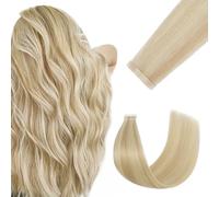 FUOTONBUTY Extensiones de cabello humano real con cinta adhesiva, doble costura, invisibles, sin costuras, 20 unidades, 50 g (balayage rubio dorado a rubio claro, 14 pulgadas)