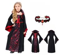 FuouYA Disfraz Vampiresa NiñA,Disfraz Vampiro NiñA Con Collar,Disfrazs Vampiro NiñO Para Halloween, Carnaval, Party Y Cosplay 140