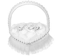 FUOYLOO Almohada de Anillo de Encaje Blanco en Forma de Corazón con Asa, Caja para Alianzas de Matrimonio, Material Satinado, Elegante y Fácil de Almacenar para Ceremonia de Boda