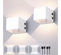FUPE Aplique de pared interior con sensor de movimiento,Aplique de pared con batería de 4000 mAh con telemando,3 colores regulables en luminosidad,Sin hilos,USB recargable,Blanco 2 piezas