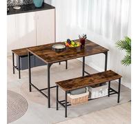 FurenitureR Juego de Mesa de Comedor de 3 Piezas con 2 Bancos de Almacenamiento, Tapa de Madera Vintage, Marco de Metal Negro, Mesa de Cocina de 110 cm, 2 Bancos de Almacenamiento de 100 cm Cada uno,