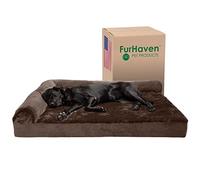 Furhaven Cama de Gel refrescante para Perros Grandes con Cojines extraíbles y Funda Lavable, para Perros de hasta 125 Libras, diván en Forma de L de Felpa y Terciopelo, marrón Sable, Jumbo Plus/XXL,