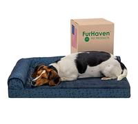 Furhaven Cama de Gel refrescante para Perros medianos/pequeños con Refuerzos extraíbles y Funda Lavable, para Perros de hasta 35 Libras, diván en Forma de L con Estampado de Felpa y almendras
