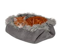 Furhaven Small Cat Bed Self-Warming Long Faux Fur & Suede Convertible Cuddler, Washable - Gray, Small