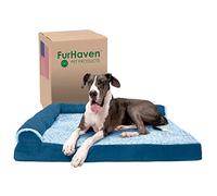 Furhaven XXL Orthopedic Dog Bed Two-Tone Faux Fur & Suede L Shaped Chaise w/Removable Washable Cover - Marine Blue, Jumbo Plus (XX-Large)