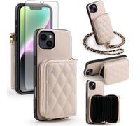Furiet Argyle - Funda tipo cartera para iPhone 15 de 6.1 pulgadas con protector de pantalla de vidrio templado, correa para el hombro, piel sintética de lujo, cierre de cremallera, soporte para