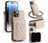 Furiet Argyle - Funda tipo cartera para iPhone 15 Pro de 6.1 pulgadas y protector de pantalla de vidrio templado, correa para el hombro, piel sintética de lujo, cierre de cremallera, soporte para
