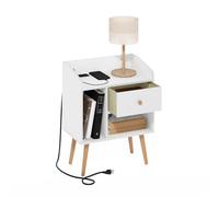 Furinno Claude - Mesa Auxiliar de Mediados de Siglo con estación de Carga, Patas de Madera, mesita de Noche con Puerto de Carga USB y Tipo C, para Sala de Estar, Dormitorio, Color Blanco