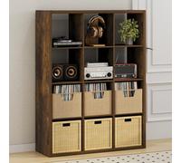 Furinno Cubicle Record Player Stand with Vinyl Storage, 12-Cube 1.2 Extra Thick Vinyl Record Storage, Open Back Media Shelf for CD DVD Blueray Game Disc, for Living Room, Home Office, Amber Pine